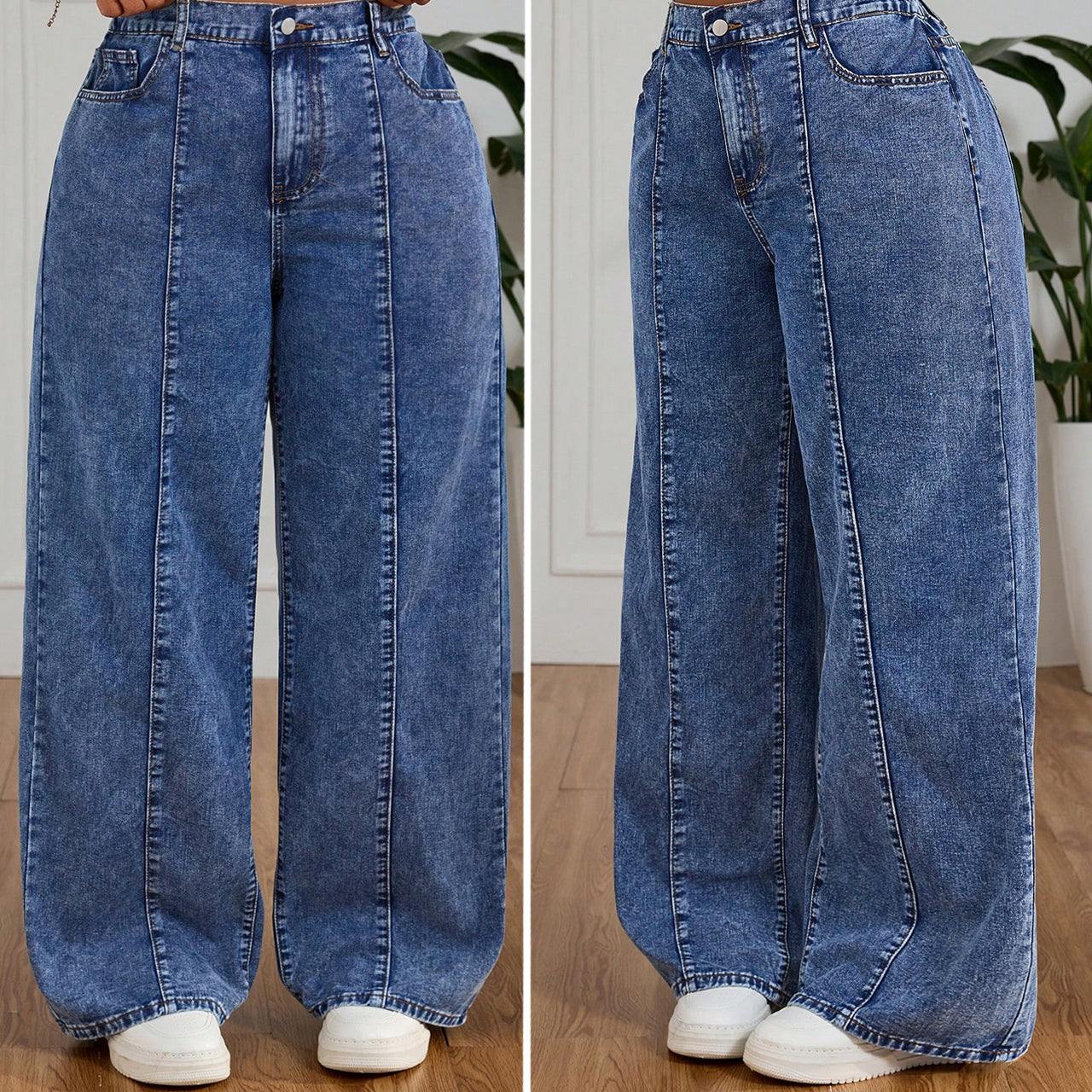 ( REF 08 ) سروال جينز واسع بخط في الوسط