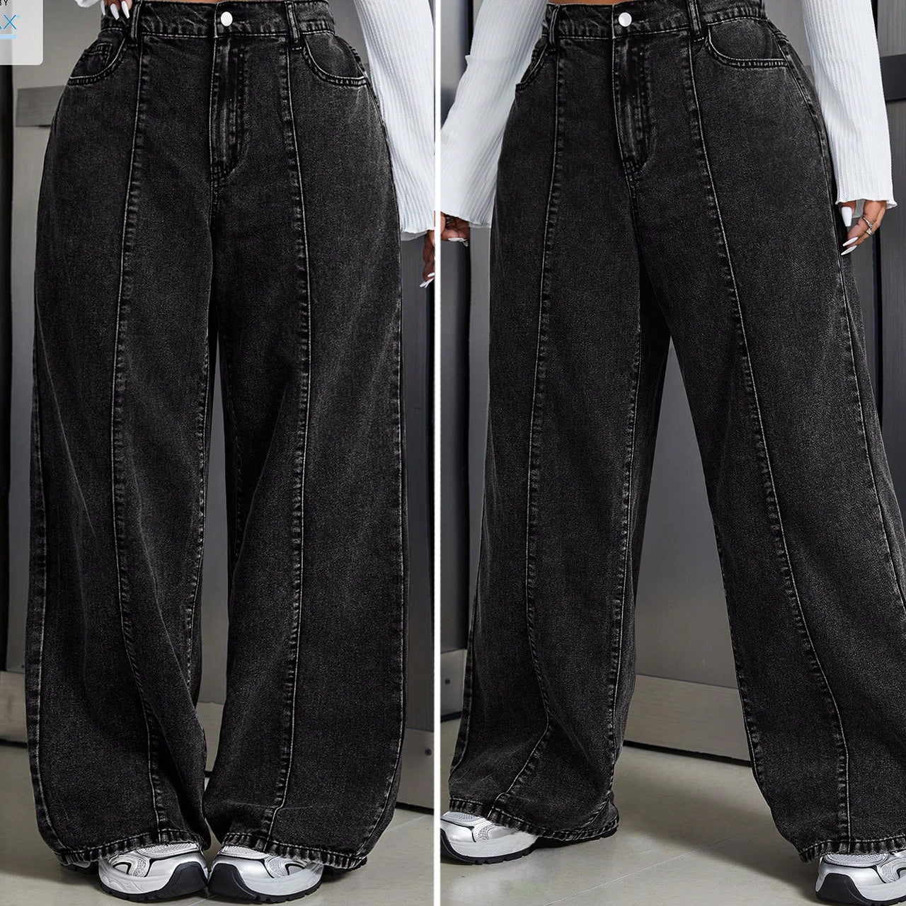 ( REF 08 ) سروال جينز واسع بخط في الوسط