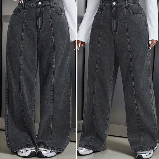 ( REF 08 ) سروال جينز واسع بخط في الوسط